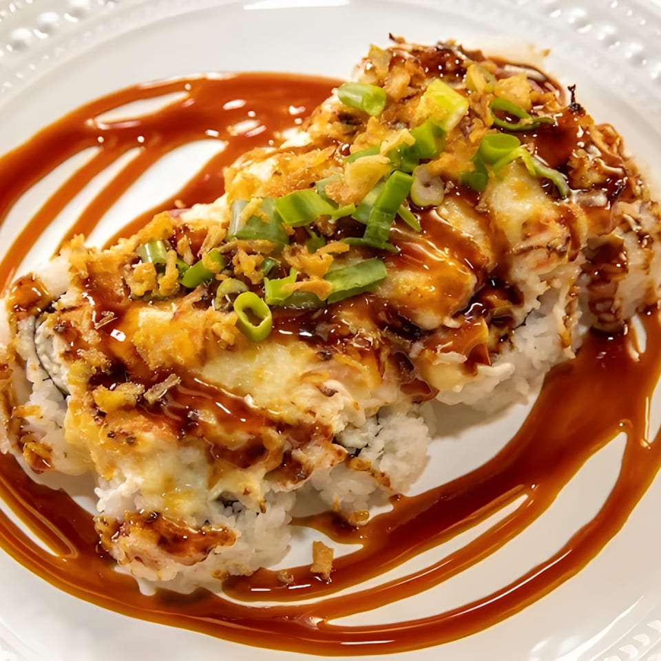 Sushi roll topped with melted cheese, crispy fried onions, green onions, and a sweet sauce.